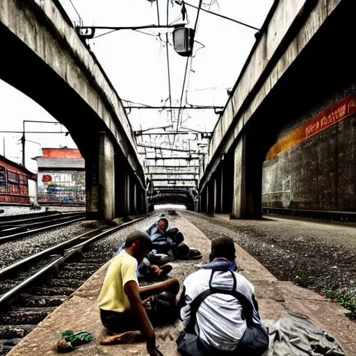 Image similar to poor people life under railway bridge, award winning, realistic, 2 0 0 0 p, hyper details, by steve mccury, best on adobe stock, cinematic, detailed place and people