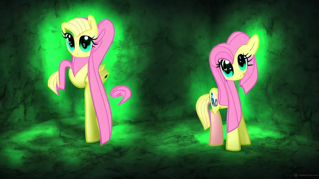 Image similar to 3D Fluttershy from My Little Pony as a necromancer, standing over a tomb stone, bright green swirls coming up it, glowing aura around her, pitch black background, dramatic and colorful lighting, she is surrounded by green chibi glowing skulls, smoke all around, insane special effects, unrealengine, 4k, HDR, unique camera angle, bones lying on the ground