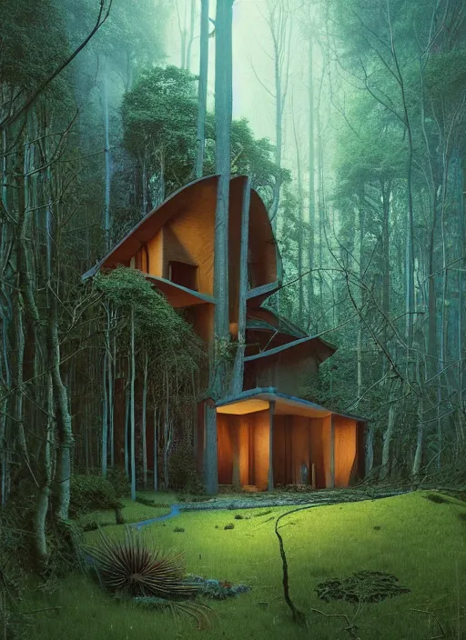 Image similar to hyper realistic witchy modern house with mood lighting and technology in the woods gorgeous lighting, blue sky, highly detailed, lush forest foliage painting by zdzisław beksinski and norman rockwell and greg rutkowski weta studio, and lucasfilm