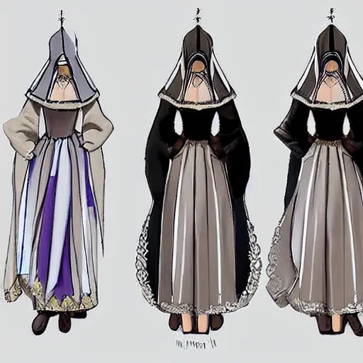 Prompt: female character design inspired by venice carnival and nun outfit, concept art, smooth