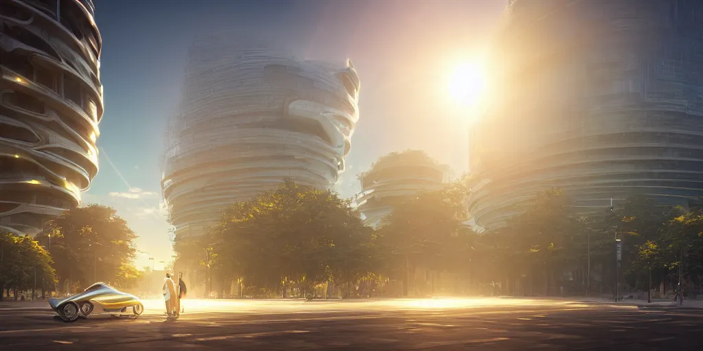 Image similar to street view of utopian solarpunk city, futuristic architecture, hyperrealism, octopath traveler, octane render, misty, highly rendered, global illumination, radiant light, golden hour, cinematic, by vincent callebaut and zaha hadid and zack snyder, 8 k