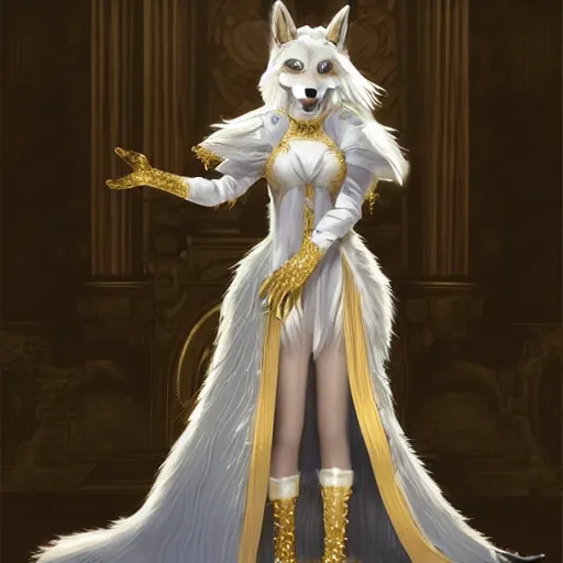 Image similar to full body shot of female anthro furry wolf princess fursona with white hair full wearing a white and gold dress in a white and gold palace, by Wlop and jerry park, artstation, detailed