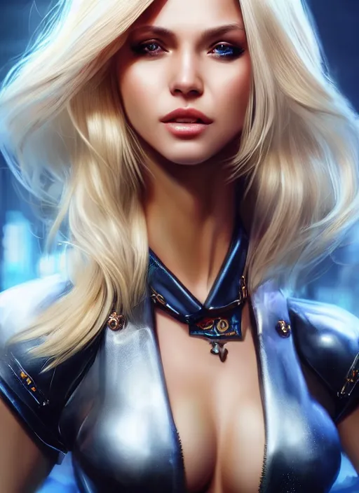 Image similar to photo of a gorgeous blonde female in cyperpunk city, realistic, sharp focus, 8 k high definition, insanely detailed, intricate, elegant, art by stanley lau and artgerm, greg kutkowski
