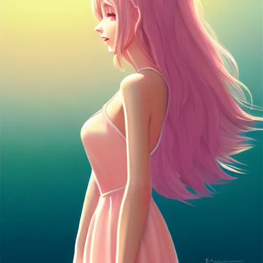 Image similar to happy adult female in sundress, summer dress, pastel light pink very long hair, muted colors, matte print, pastel colors, 2d, ultra highly detailed, digital art, digital painting, fan art, elegant, artstation, head is centered, by Ilya Kuvshinov