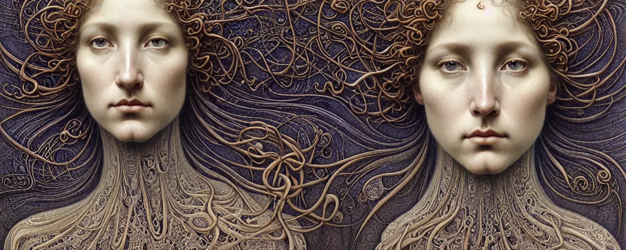 Prompt: hyperrealistic stunning goddess face portrait by jean delville, gustave dore, iris van herpen and marco mazzoni, art forms of nature by ernst haeckel, art nouveau, symbolist, masterpiece, visionary, gothic, neo - gothic, pre - raphaelite, fractal lace, intricate alien botanicals, ai biodiversity, surreality, hyperdetailed ultrasharp octane render