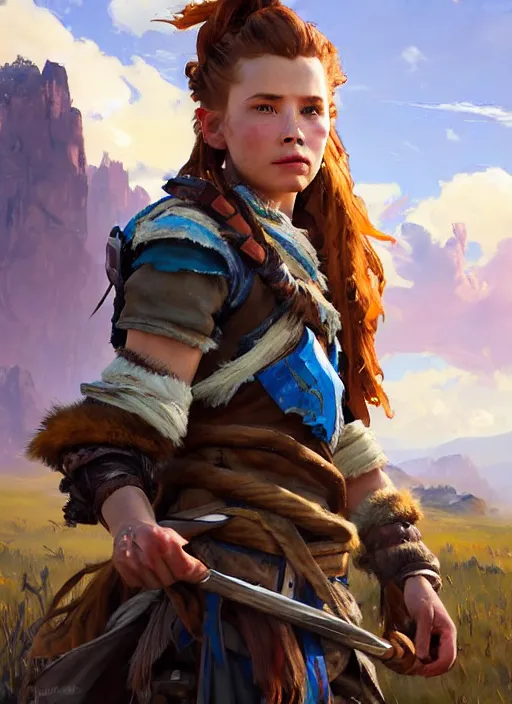 Image similar to portrait of a american Aloy from Horizon Zero Dawn in the style of League of Legends practicing, countryside, calm, fantasy character portrait, dynamic pose, above view, sunny day, thunder clouds in the sky, artwork by Jeremy Lipkin and Giuseppe Dangelico Pino and Michael Garmash and Rob Rey and Huang Guangjian, face by Fernanda Suarez and Greg Manchess, very coherent asymmetrical artwork, sharp edges, perfect face, simple form, 100mm