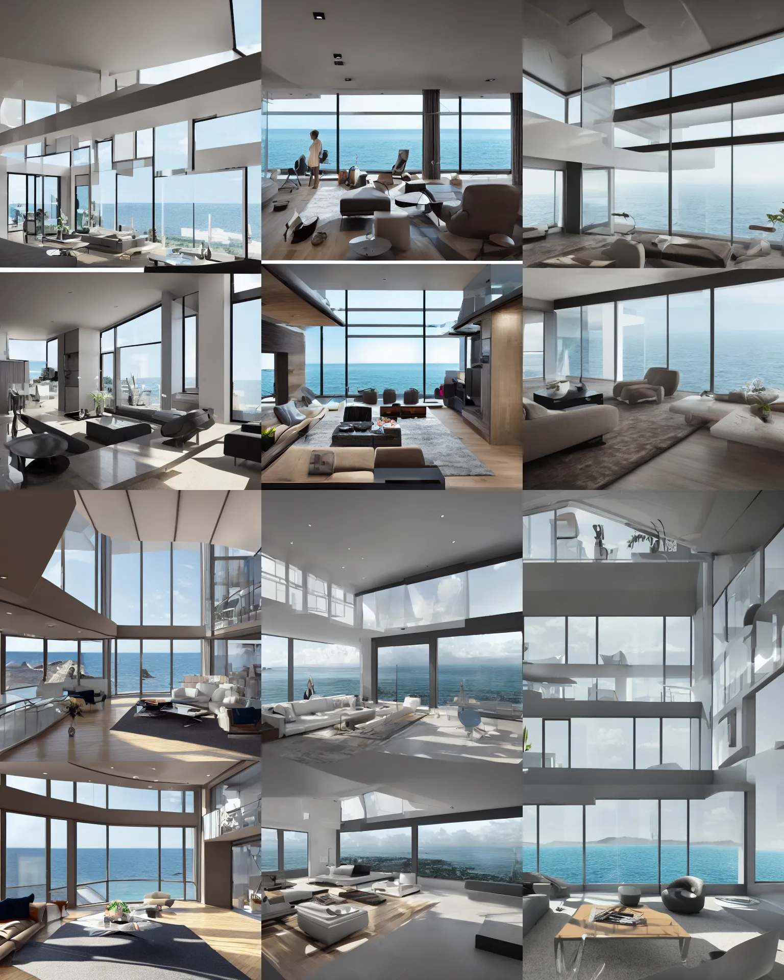 Image similar to modern futuristic interior home design, living room with window facing the sea and sun, hyper-realistic, ultra-detailed, high resolution, bright and clear, HDR shot, cinematic lighting