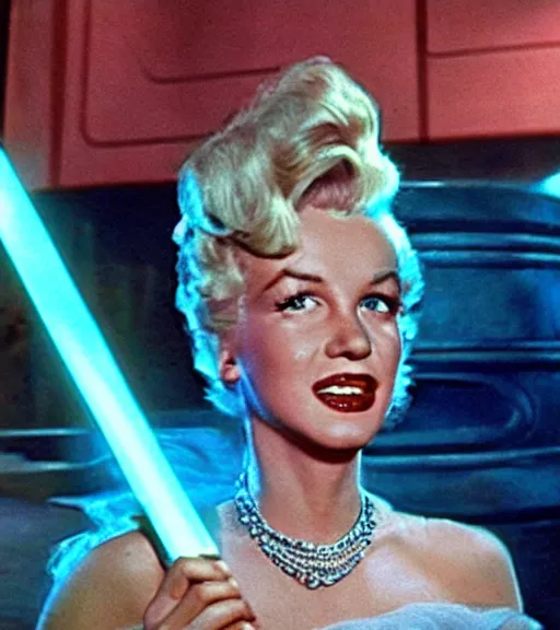 Prompt: a movie still of marlin monroe as princess leigha in the movie star wars