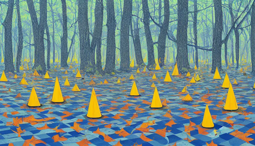 Prompt: safety cones scattered around an oak tree forest checker board forest floor, by james jean by ilya kuvshinov kintsugi, hyper detailed surrealist painting