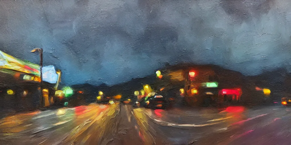 Prompt: IMPASTO!!! painterly, ((messy)), ominous! landscape of north bend, washington main street, dark, lonely!! stop light glowing, twin peaks, 'lone dark figure'!!