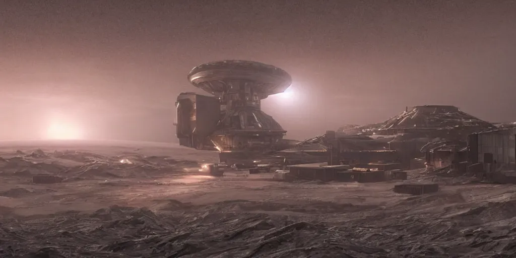 Image similar to hadley's hope base from movie aliens on lv 4 2 6 in the middle of the storm, atmosphere processor in the background, night, photorealistic, highly detailed, wide angle