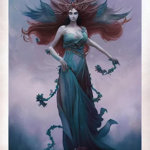 Prompt: full body portrait, beautiful goddess of sworming flowers, magical, with pale skin, blue eyes, long black hair, floating in a misty daze, by pete mohrbacher and greg rutkowski, watercolor painting, deviantart, pinterest