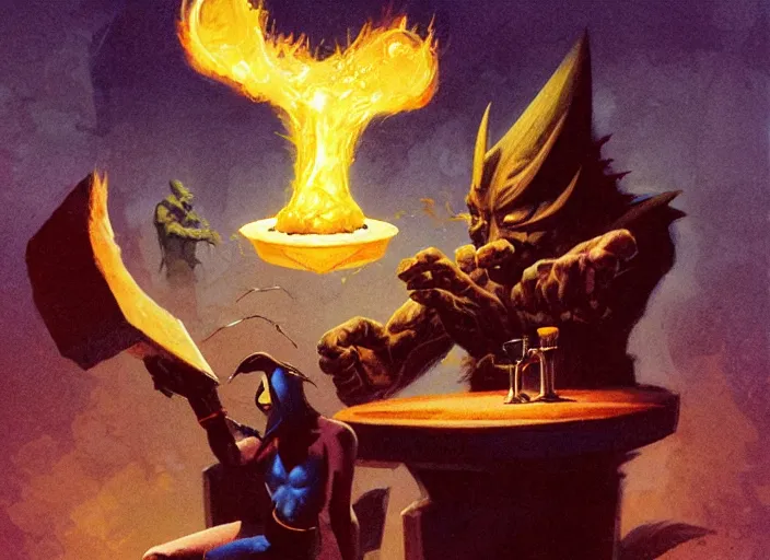 Image similar to anthropomorphic piece of toast in front of a podium, style of magic : the gathering by marco bucci and frank frazetta