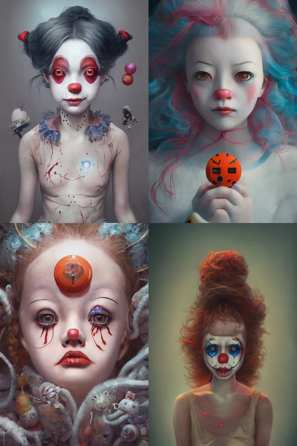 Image similar to breathtaking detailed painting of clown girl , with anxious, piercing eyes, Atari game cover art by Hsiao-Ron Cheng, James jean, Miho Hirano, Hayao Miyazaki, extremely moody lighting, hyperrealistic, octane render, RPG portrait, ambient light, dynamic lighting