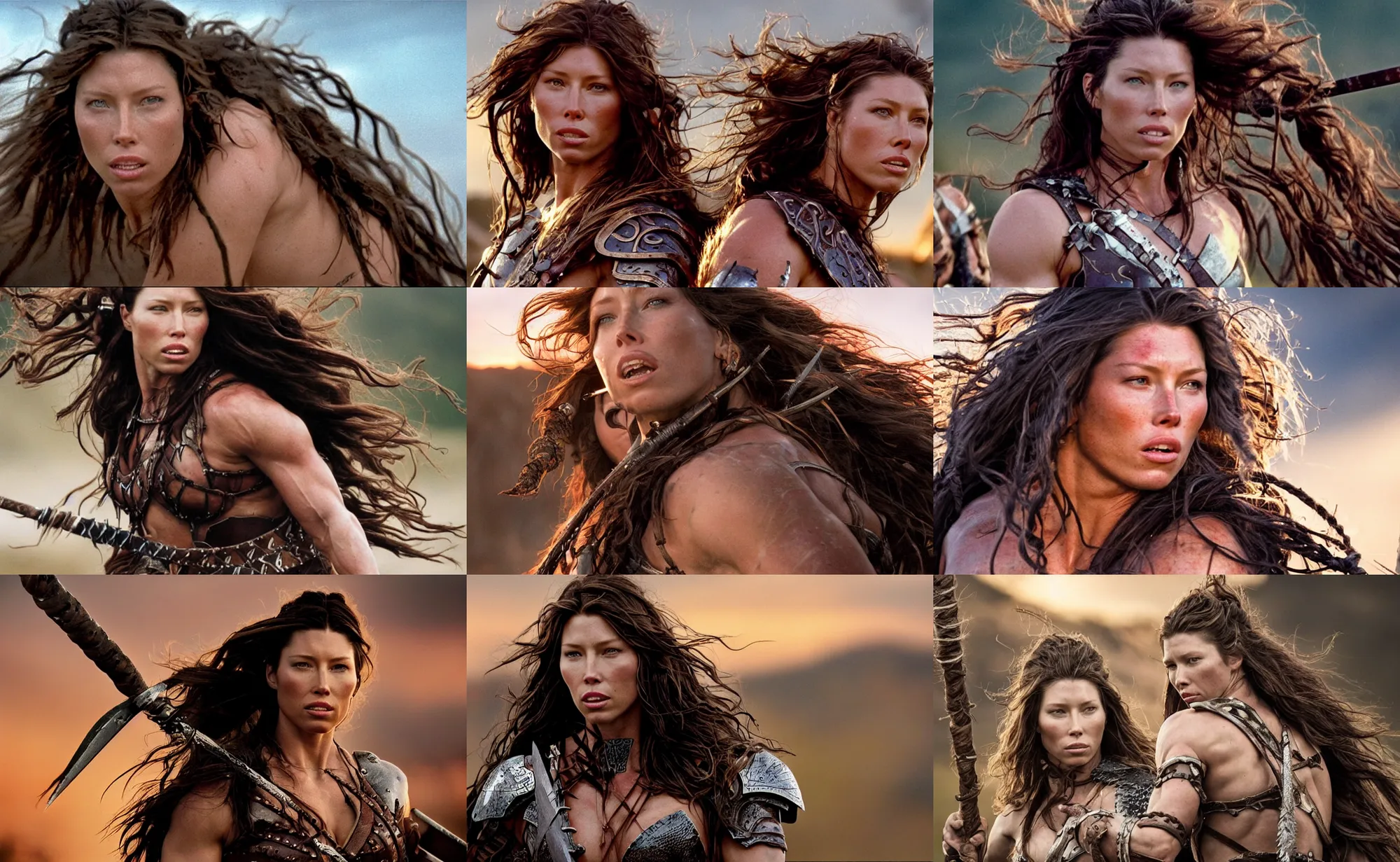 Image similar to epic photo of muscular jessica biel as beautiful barbarian warrior princess with long curly black hair blowing in the wind in a battle scene, sweaty, detailed eyes, neutral expression, shallow depth of field, photorealistic, cinematic lighting, lovely bokeh, warm colours, sunset south, strong rim light, movie quality, willow 1 9 8 5, movie still