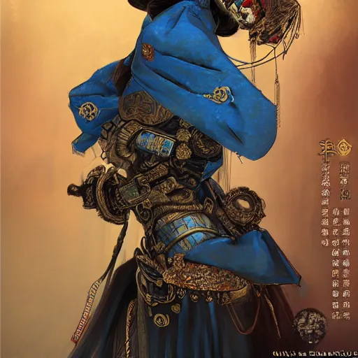 Image similar to ( ancient chinese princess with steampunk mask, dynasty warriors, elegant, unreal engine, 8 k, blue color scheme, headshot, highly detailed, smooth, ink painting, artstation, concept art, in style of yoji shinkawa, pan ren wei, col price, atey ghailan, by greg rutkowski, aesthetic ) printed on a hoodie