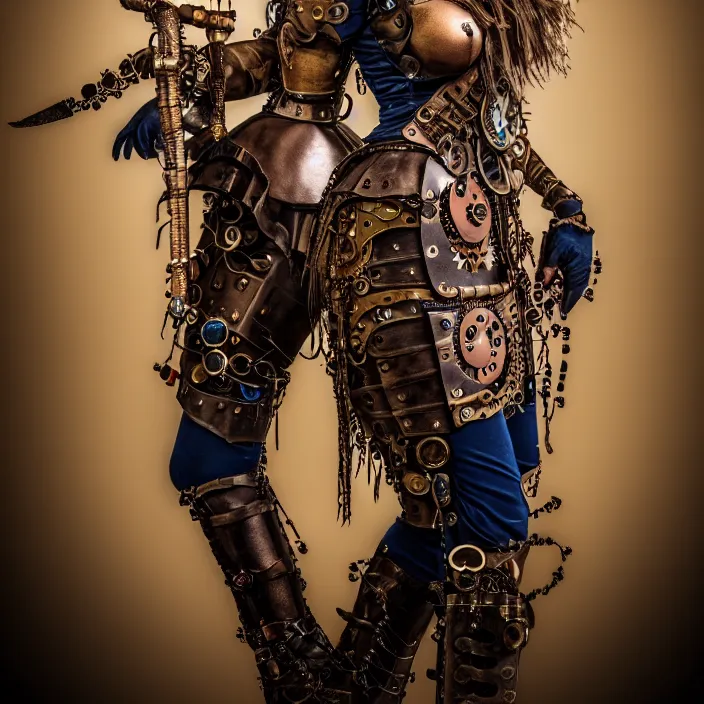 Prompt: full length portrait photograph of a real-life beautiful woman clockpunk warrior. Extremely detailed. 8k