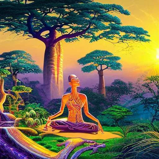 Prompt: a stunning aftican woman with a golden glow meditating in an african zen garden with a baobab tree at sunset with a waterfall in the distance, by dan mumford and thomas kinkade and thomas blackshear, oil on canvas, purple yellow pink green pastel colorscheme