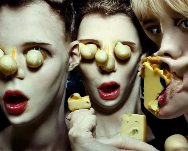 Image similar to incredible strange absurd closeup artwork of androids tasting cheese, finding it very weird but yet tasteful at the same time, weird tasting ritual of cheese products in the style of tim walker fashion photography, also some soft cheese