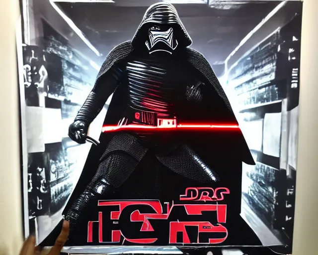 Image similar to kylo ren wrestling adam driver, death star gym, poorly lit, black reflective plastic everywhere, cdx