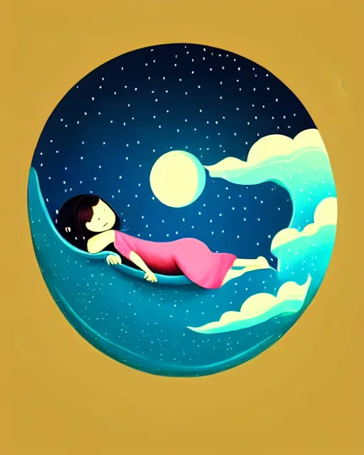 Image similar to beautiful painting of little girl sleeping on her flying bed, moon, art by petros afshar, sky night, illustration, highly detailed, simple, smooth and clean vector curves, no jagged lines, vector art, smooth, artstation