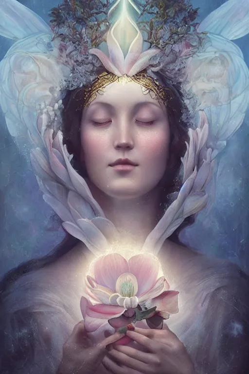 Image similar to a goddess of magnolia a queen of the garden, meditating! with a beautiful symmetrical face!!! cinematic lightning, isolated, studio lighting by tom bagshaw