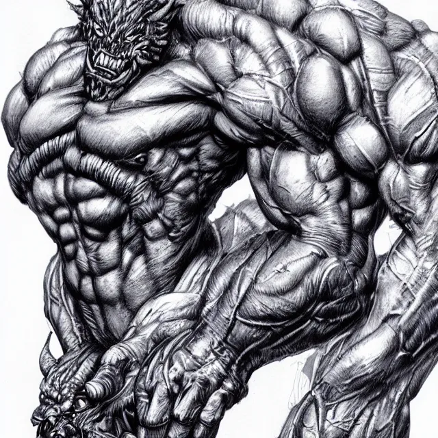 Image similar to detailed ballpoint pen illustration of a muscular gargoyle demon man, concept art, artstation