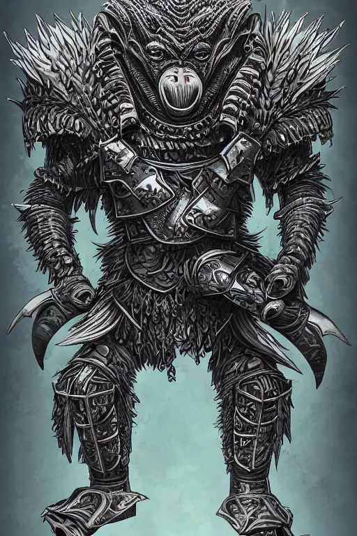 Image similar to armoured warrior baboon monster, symmetrical, highly detailed, digital art, plant themed armour, sharp focus, trending on art station, kentaro miura manga art style