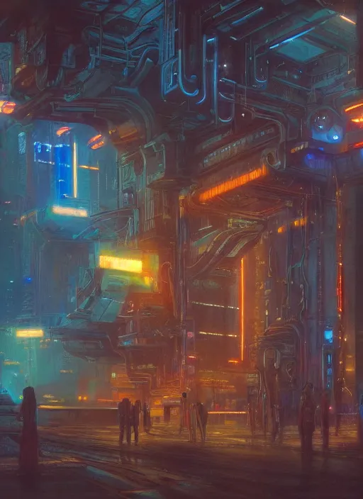 Prompt: cinema, sci - fi, cyberpunk, conceptual, hyperdetailed, donato giancola, james gurney, neon lights, mood lighting, rust