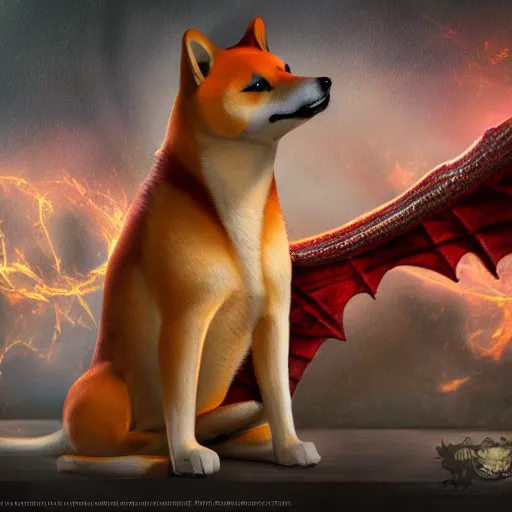 Image similar to a painting of a shiba inu with dragon wings, hd, hdr, ue 5, ue 6, unreal engine 5, cinematic 4 k wallpaper, 8 k, ultra detailed, high resolution, artstation, award winning