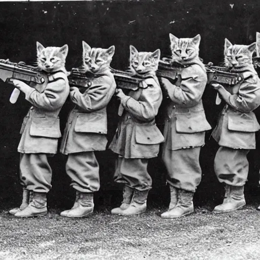 Prompt: a platoon of WWII war kittens holding rifles.