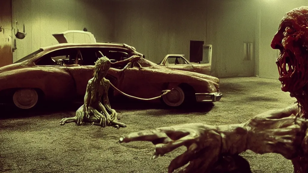 Prompt: the creature sells a used car, made of wax and blood, film still from the movie directed by Denis Villeneuve with art direction by Dalí, wide lens