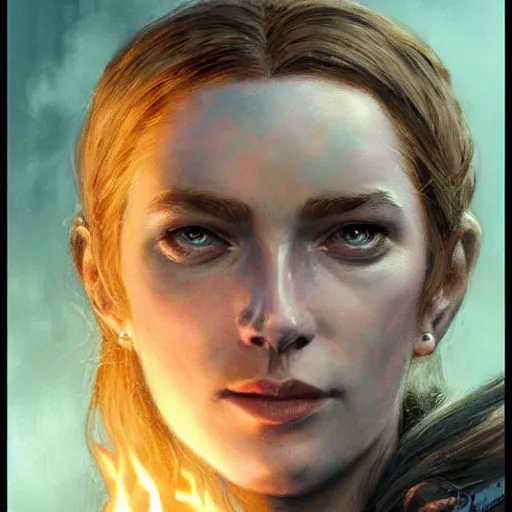 Image similar to the flame female wizard as a realistic d & d fantasy character, closeup portrait art by donato giancola and greg rutkowski, vintage retro, realistic face, digital art, trending on artstation, symmetry!!