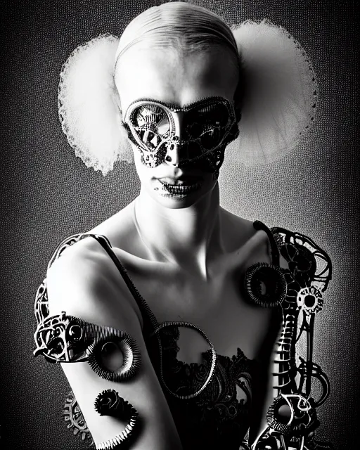 Image similar to surreal black and white photo portrait of complex biomechanical young female cyborg with a mandelbrot fractal metal fine lace face, silver hair, 150 mm lens, soft rim light, fine metal floral foliage super big lace collar, Alexander McQueen, high fashion, haute couture, rococo, steampunk, silver filigree details, anatomical, facial muscles, cable wires, microchip, elegant, hyper realistic, octane render, unreal engine, by Man Ray and Dora Maar, volumetric lighting, 8k,