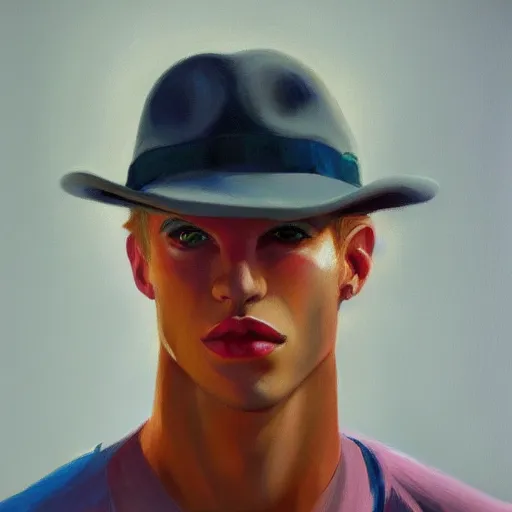 Prompt: a realistic portrait of a blonde man, chiseled jawline, big lips, long hair, vibrant color, edward hopper, trending on artstation