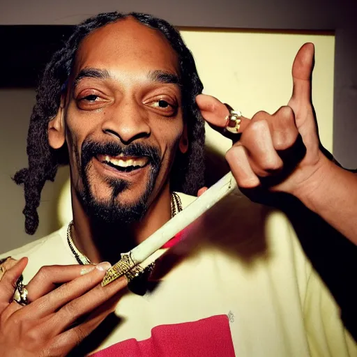 Image similar to Snoop Dog with big eyes eye color red , smiling and holding a joint in his hand