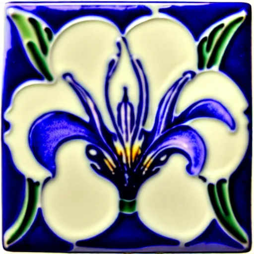 Prompt: a beautiful art nouveau ceramic tile of an iris flower
