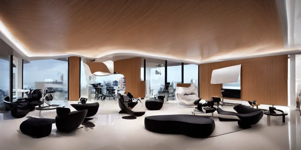 Image similar to living room designed by zaha hadid with wood paneling, futuristic furniture, led lighting, minimalist interior design, modern architecture, photography