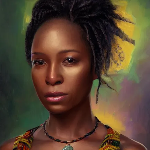 Image similar to portrait of a jamaican woman ( 3 5 ) from jamaica in 2 0 2 1, an oil painting by ross tran and thomas kincade