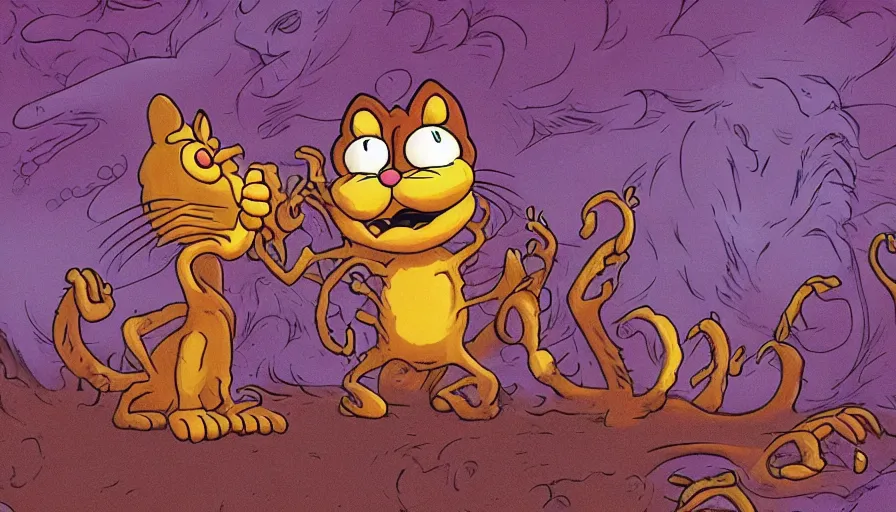 Image similar to garfield the cat as an eldritch monster, body horror, cinematic lighting, dark aesthetic