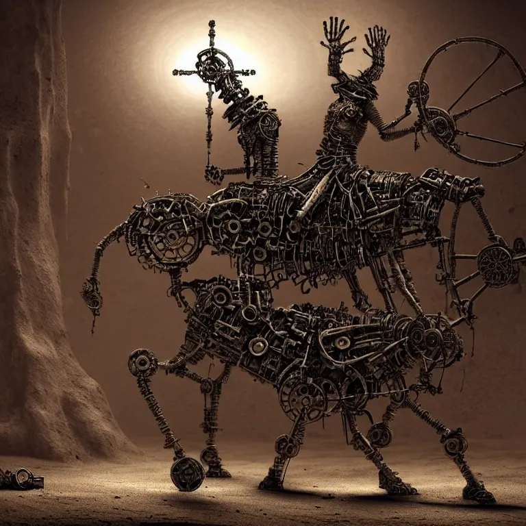 Image similar to A techno-magical shaman performs a ritual to resurrect a mechanical horse. The steel ancient ruins are covered with sand. masterpiece, fantasy art, future, cinematic, hyperdetailed, photorealistic, sigil, hyperrealism, octane rendering, 8k, depth of field, bokeh, shadows, art by Zdzisław Beksiński, Arthur Rackham, Dariusz Zawadzki