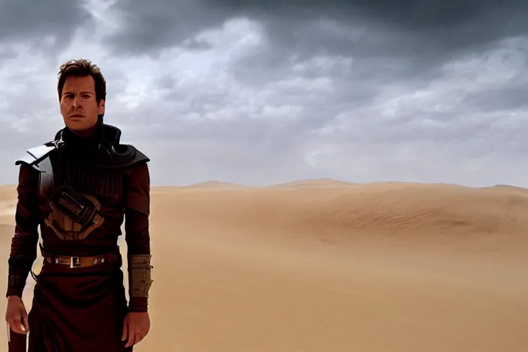 Image similar to a cinematic wide angle shot of a man in his early twenties, in the 2 0 2 1 movie dune, the sand is in the form of a wave, stormy weather, dry, film still, cinematic, dramatic lighting, by zack snyder