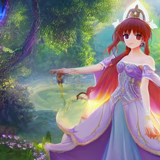 Image similar to a pleasant, beautiful, funny, smooth 3D CG render, semirealistic anime style, a noble priestess magician princess girl wearing dress and jewelry, in a glorious magic kingdom, relaxing calm vibes, fairytale