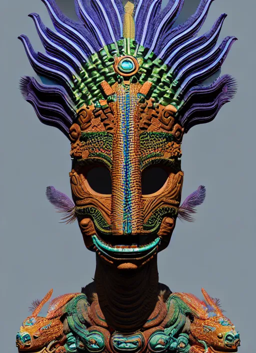 Image similar to 3 d goddess long shot. beautiful intricate highly detailed quetzalcoatl mask and feathers. ahuizotl, atotolin, bioluminescent, plasma, lava, ice, water, wind, creature, lightning and dark clouds, artwork by tooth wu and wlop and beeple and greg rutkowski, 8 k trending on artstation,