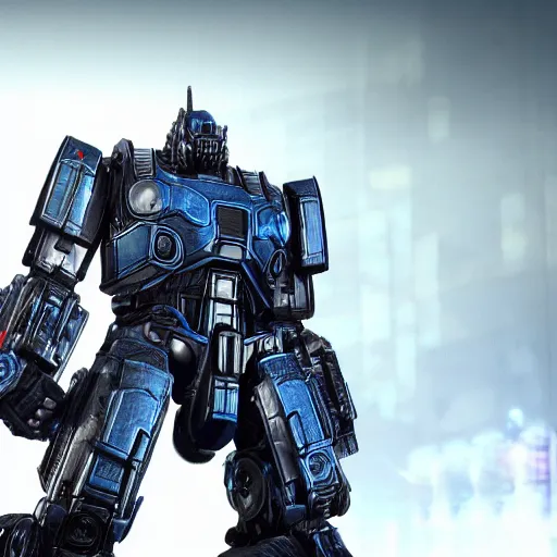 Image similar to optimus prime in gears of war, splash art, movie still, cinematic lighting, ray tracing, octane render, long lens, shallow depth of field, bokeh, anamorphic lens flare, 8 k, hyper detailed, 3 5 mm film grain