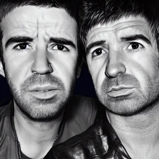 Prompt: LIam and Noel Gallagher taking a selfie together in 2022, real life, hyperrealistic, ultra realistic, realistic, highly detailed, epic, HD quality, 8k resolution, body and headshot, Trending on Artstation, very realistic