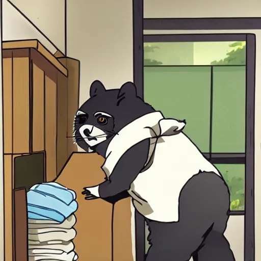 Image similar to Tanuki doing his laundry, anime style