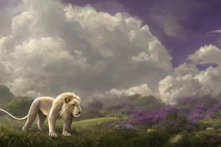 Image similar to a vast scene, panorama distant view, hyper detailed scene render of a boy and white lion, gather in the center of the picture, finely detailed perfect face delicate features directed gaze, in the white clouds fairyland, golden curve structure, animation portrait concept art, trending on pixiv fanbox, violet evergarden, studio ghibli, james jean, extremely high quality artwork