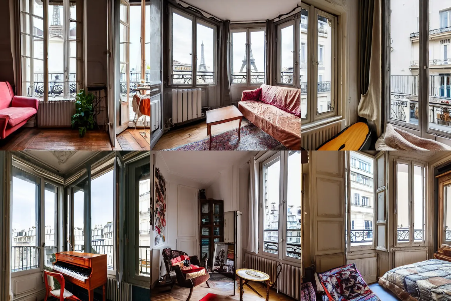 Prompt: parisian studio apartment with an old acoustic piano and a balcony and eiffel view, decorated with vintage furniture, has a window on roof, cosy vibes, real photo, wide angle lens