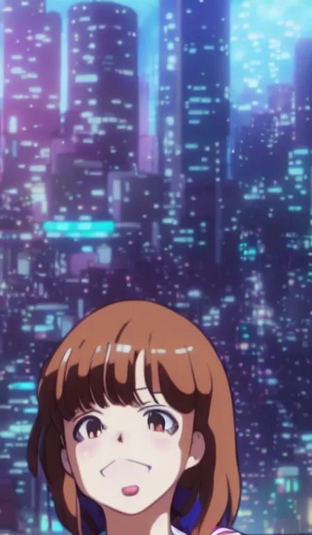 Image similar to anime fine details portrait of ochaco uraraka in front of cyberpunk moder city landscape on the background deep bokeh, close-up view, anime masterpiece by Studio Ghibli. 8k, sharp high quality anime, artstation